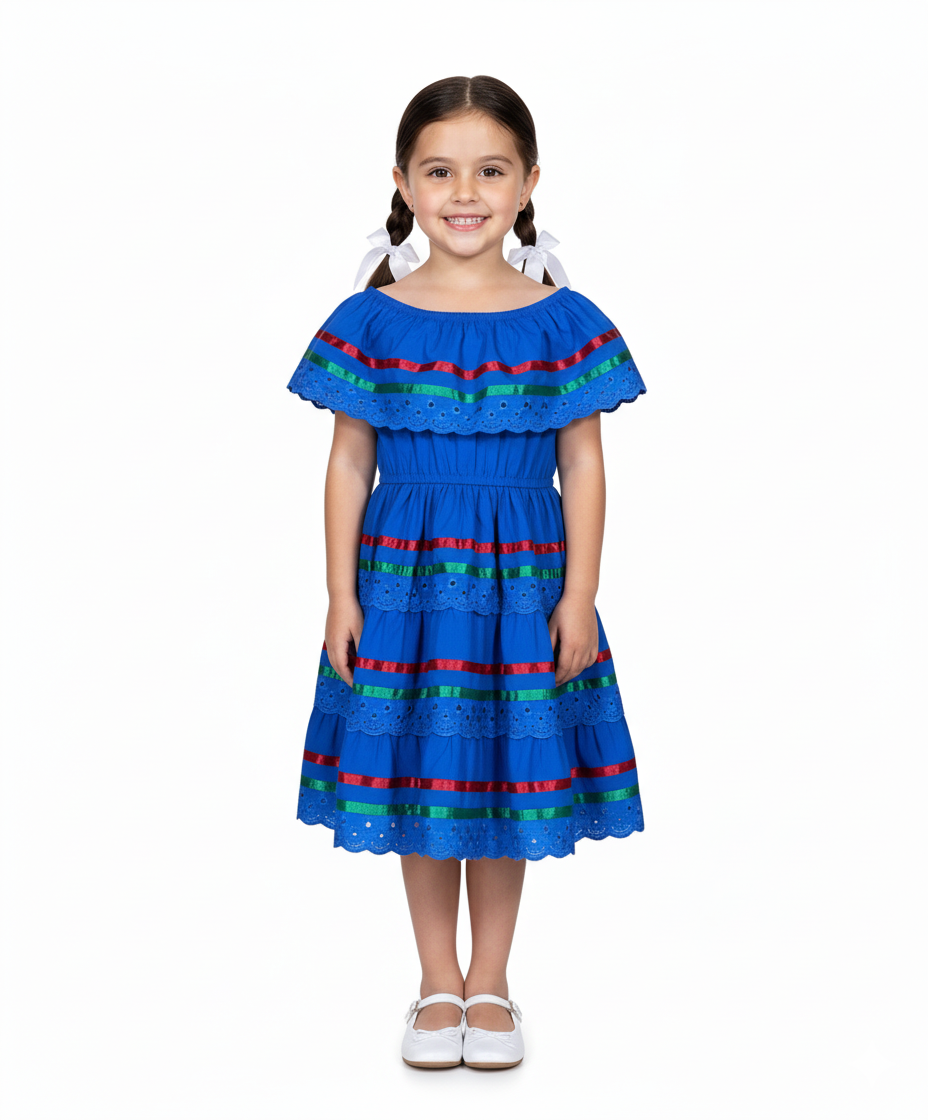 Girl's Royal Blue Traditional Mexican Dress with Lace Trims (2-4) (5-8 –  unik Wholesale
