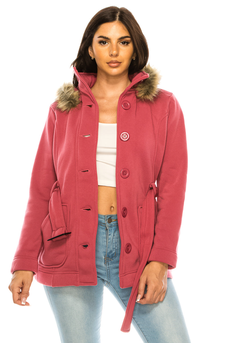 Women Fleece Coat with Fur Hood and Detachable Belt- Plum  (S-XL) $14 (2X-3X) $15 WJ511