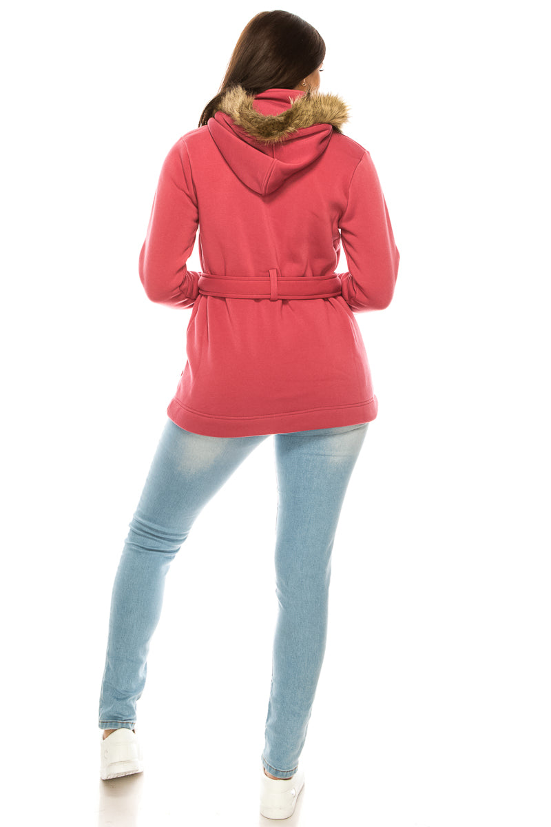 Women Fleece Coat with Fur Hood and Detachable Belt- Plum  (S-XL) $14 (2X-3X) $15 WJ511