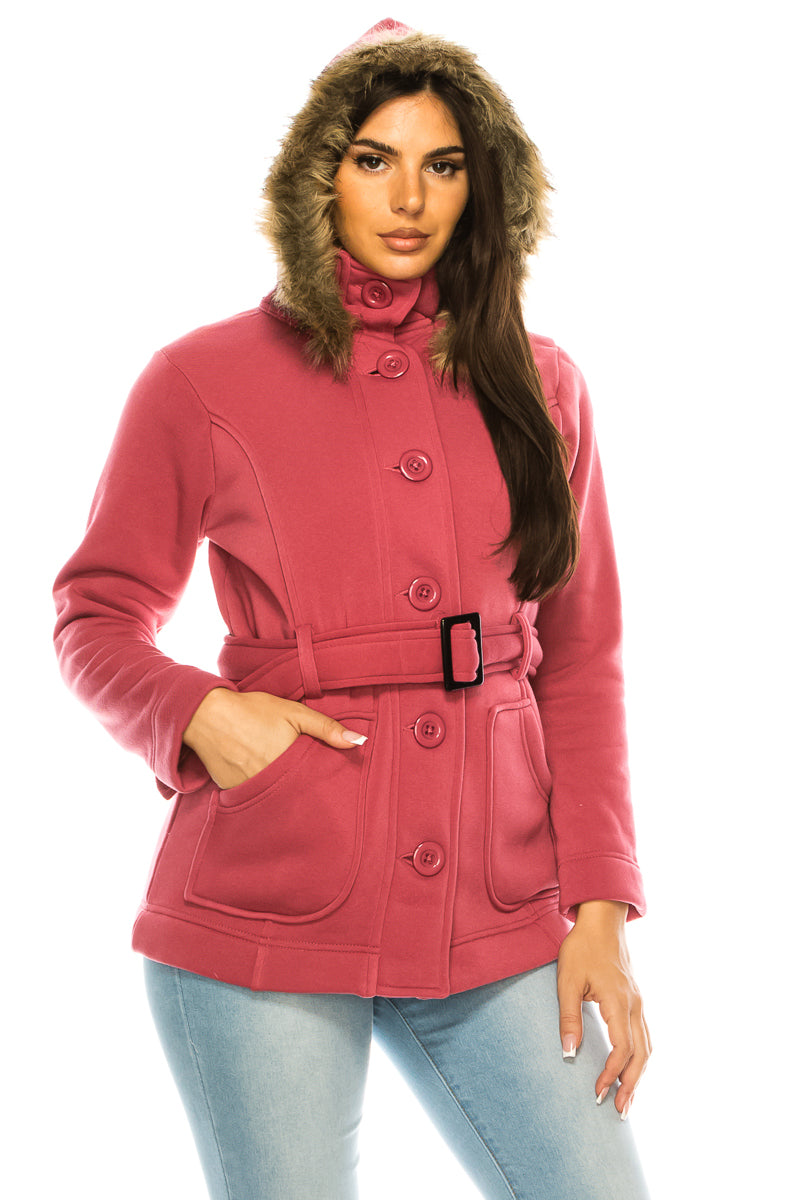 Women Fleece Coat with Fur Hood and Detachable Belt- Plum  (S-XL) $14 (2X-3X) $15 WJ511