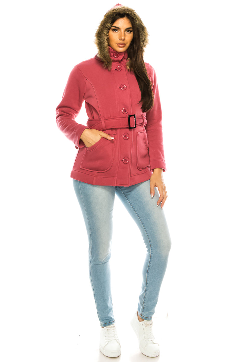 Women Fleece Coat with Fur Hood and Detachable Belt- Plum  (S-XL) $14 (2X-3X) $15 WJ511