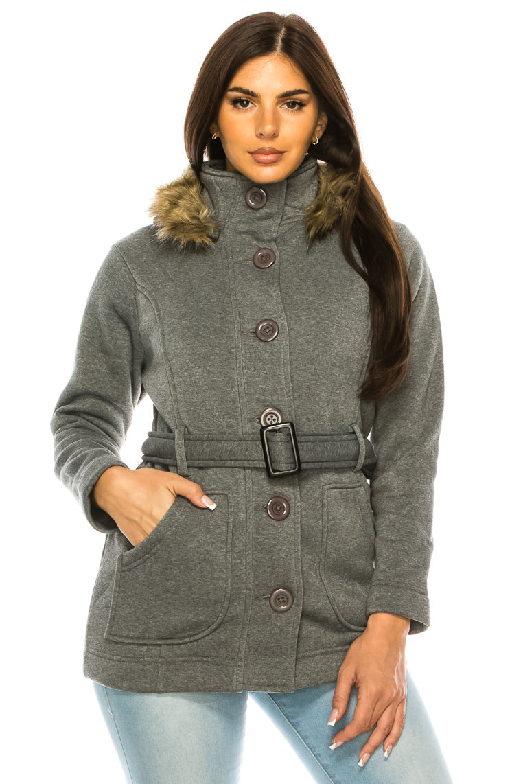Women Fleece Coat with Fur Hood and Detachable Belt - D. Grey (S-XL) $15.50 (2X-3X) $16.50 WJ16511