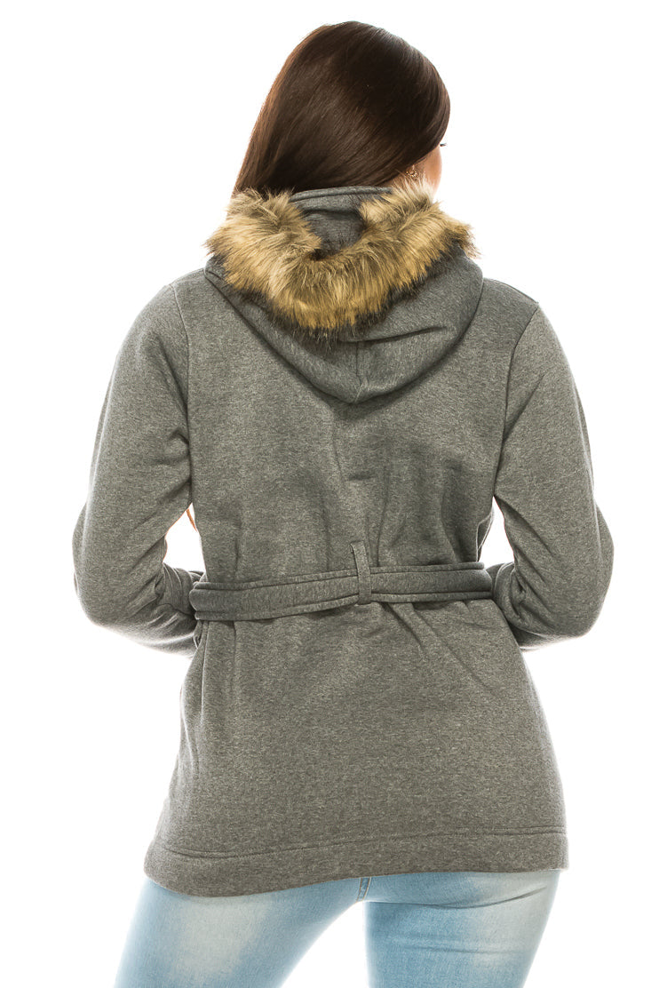 Women Fleece Coat with Fur Hood and Detachable Belt - D. Grey (S-XL) $15.50 (2X-3X) $16.50 WJ16511