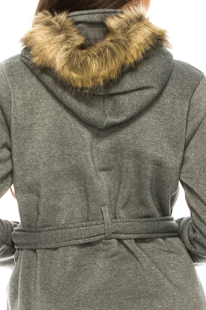 Women Fleece Coat with Fur Hood and Detachable Belt- Dark Grey  (S-XL) $14 (2X-3X) $15 WJ511