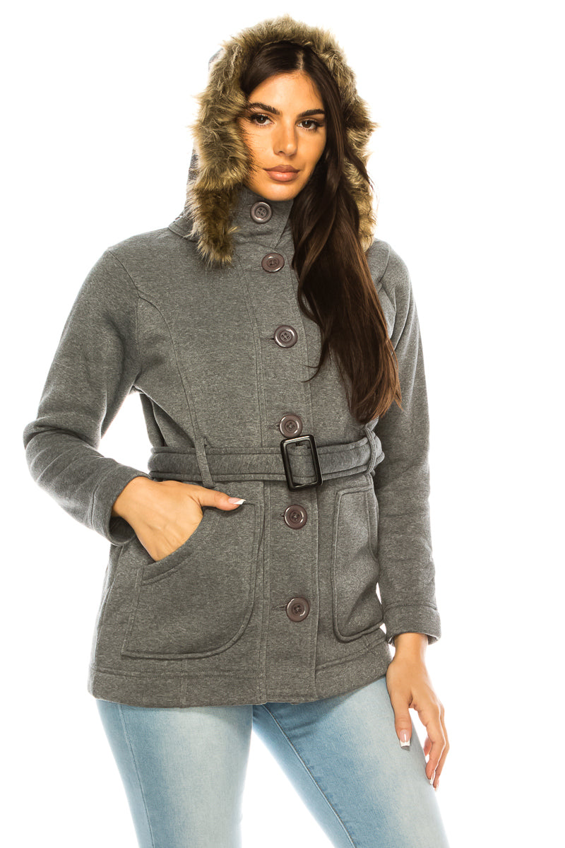 Women Fleece Coat with Fur Hood and Detachable Belt- Dark Grey  (S-XL) $14 (2X-3X) $15 WJ511
