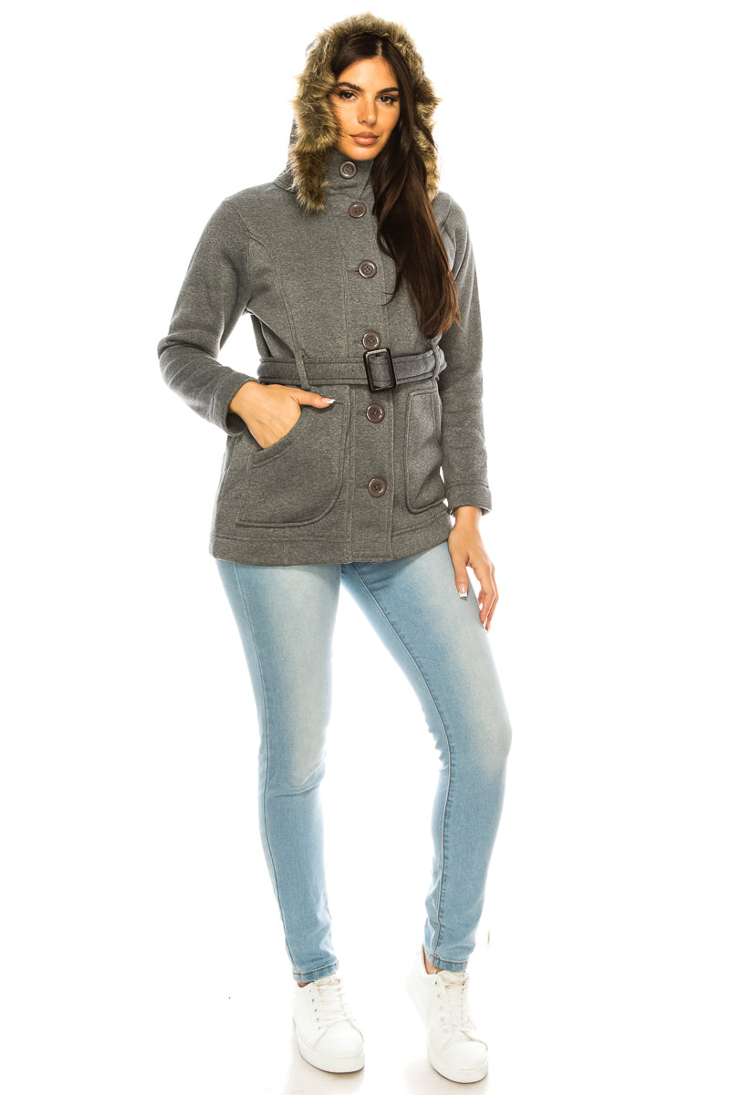 Women Fleece Coat with Fur Hood and Detachable Belt- Dark Grey  (S-XL) $14 (2X-3X) $15 WJ511