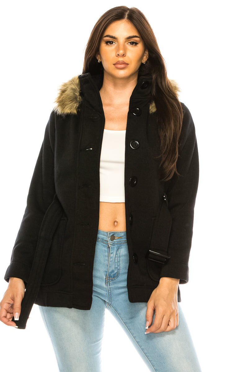 Women Fleece Coat with Fur Hood and Detachable Belt-Black (S-XL) $14 (2X-3X) $15 WJ511