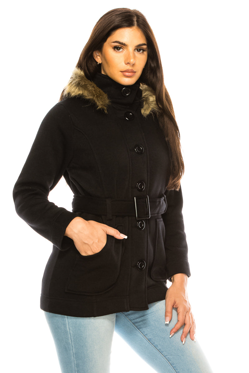 Women Fleece Coat with Fur Hood and Detachable Belt-Black (S-XL) $14 (2X-3X) $15 WJ511