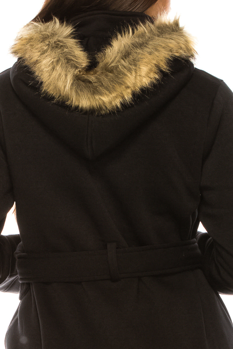 Women Fleece Coat with Fur Hood and Detachable Belt-Black (S-XL) $14 (2X-3X) $15 WJ511