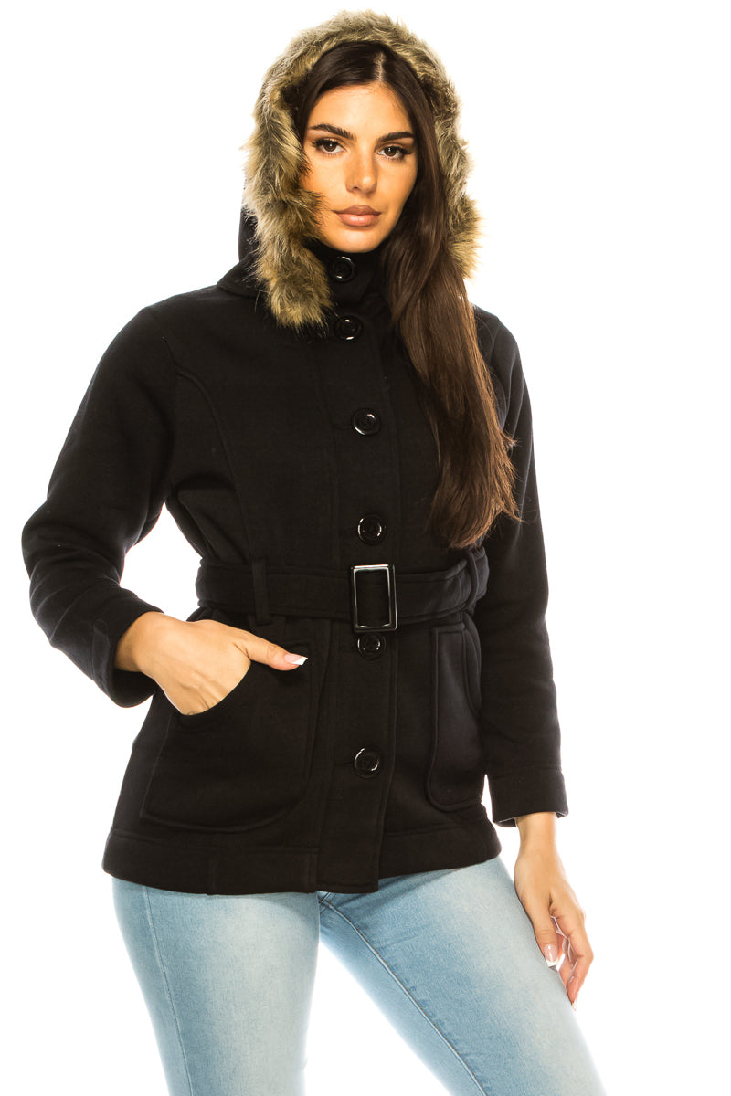 Women Fleece Coat with Fur Hood and Detachable Belt-Black (S-XL) $14 (2X-3X) $15 WJ511