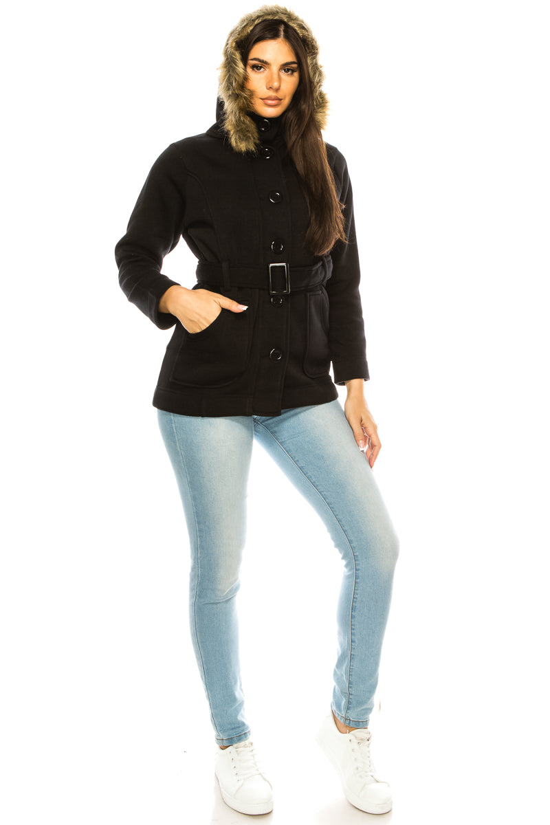 Women Fleece Coat with Fur Hood and Detachable Belt-Black (S-XL) $14 (2X-3X) $15 WJ511