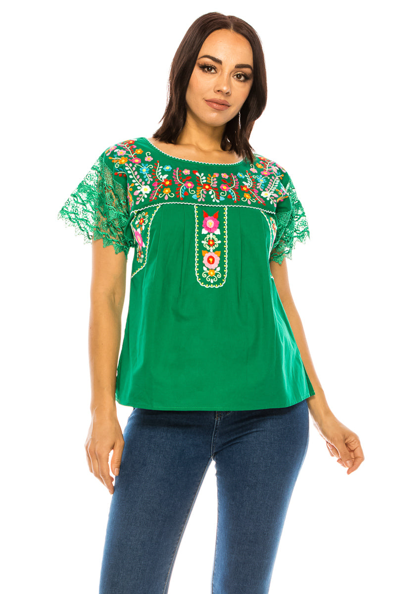Traditional Green Mexican Women Blouse with Lace (S-XL) $8.5 and (2XL-3XL) $9.50 Per Piece. MT802 (Copy)