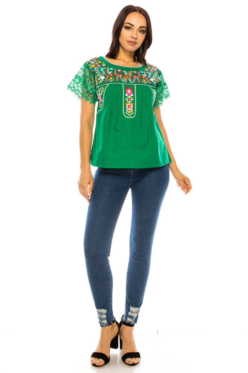 Traditional Green Mexican Women Blouse with Lace (S-XL) $8.5 and (2XL-3XL) $9.50 Per Piece. MT802 (Copy)