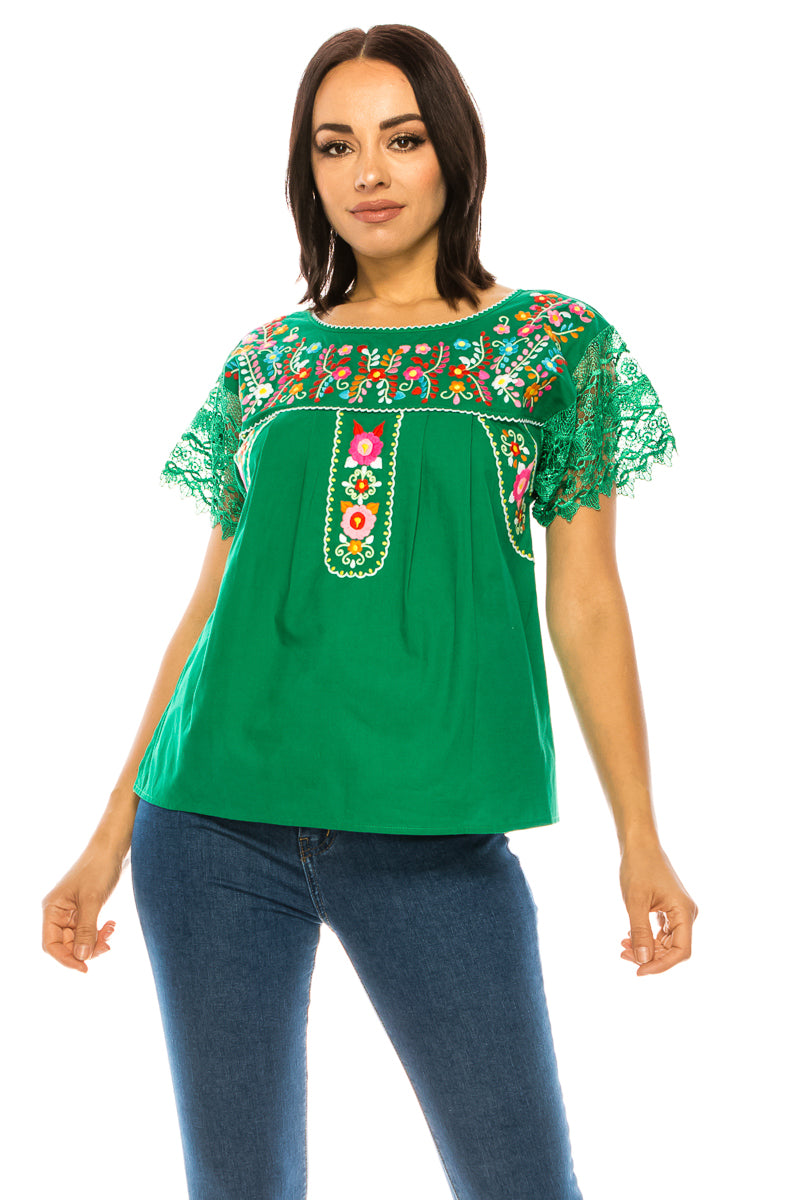 Traditional Green Mexican Women Blouse with Lace (S-XL) $8.5 and (2XL-3XL) $9.50 Per Piece. MT802 (Copy)