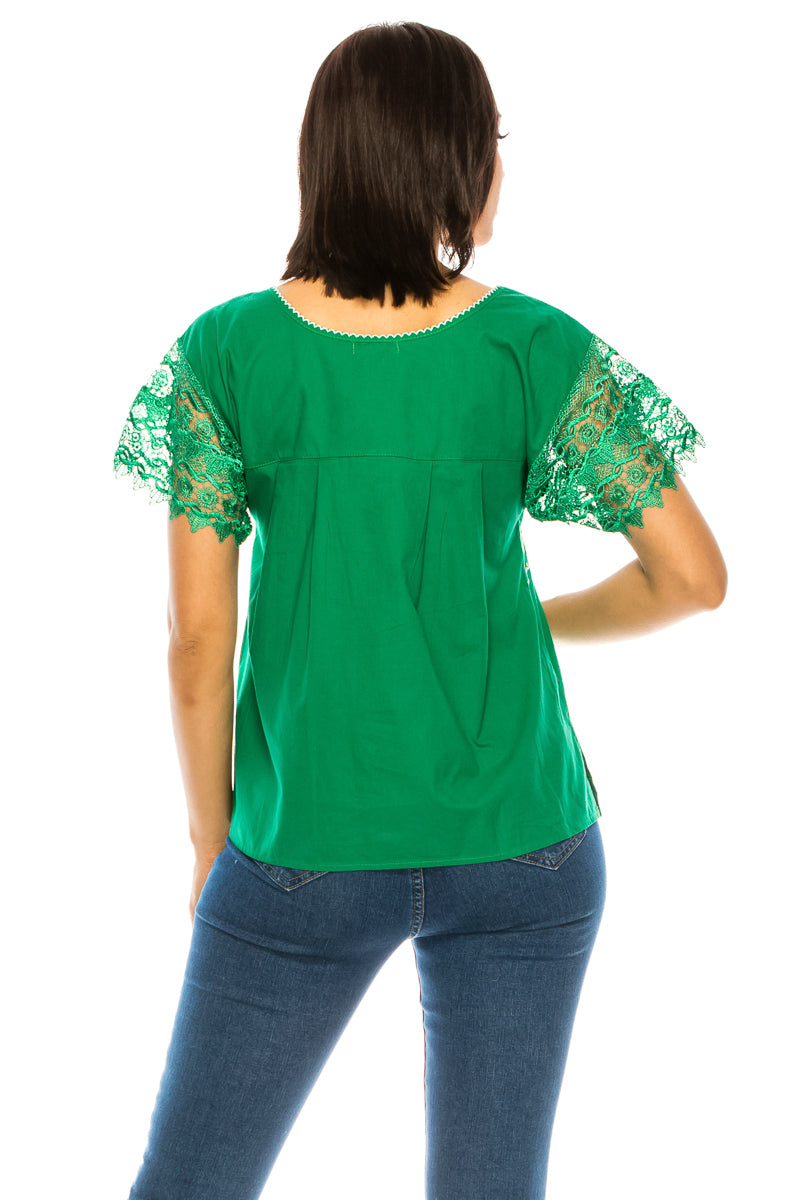 Traditional Green Mexican Women Blouse with Lace (S-XL) $8.5 and (2XL-3XL) $9.50 Per Piece. MT802 (Copy)