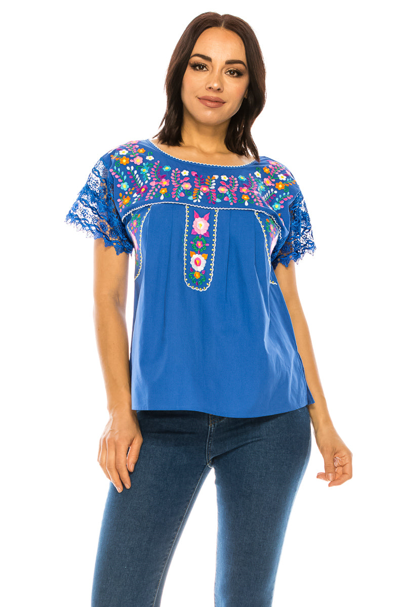 Traditional Royal Blue Mexican Women Blouse with Lace (S-XL) $8.5 and (2XL-3XL) $9.50 Per Piece. MT802