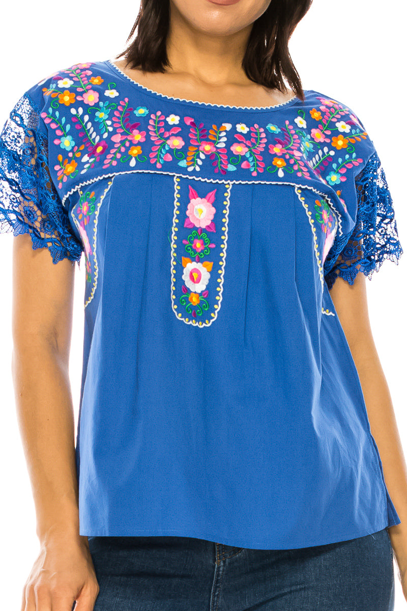 Traditional Royal Blue Mexican Women Blouse with Lace (S-XL) $8.5 and (2XL-3XL) $9.50 Per Piece. MT802