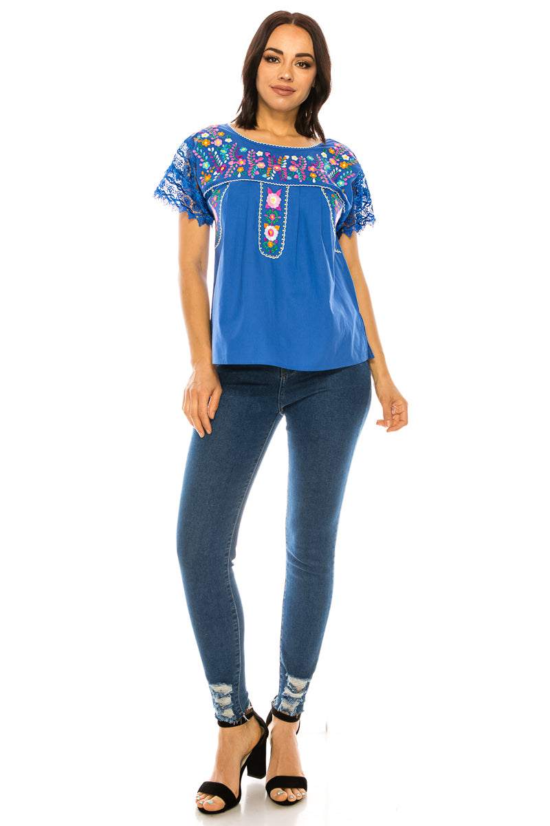 Traditional Royal Blue Mexican Women Blouse with Lace (S-XL) $8.5 and (2XL-3XL) $9.50 Per Piece. MT802