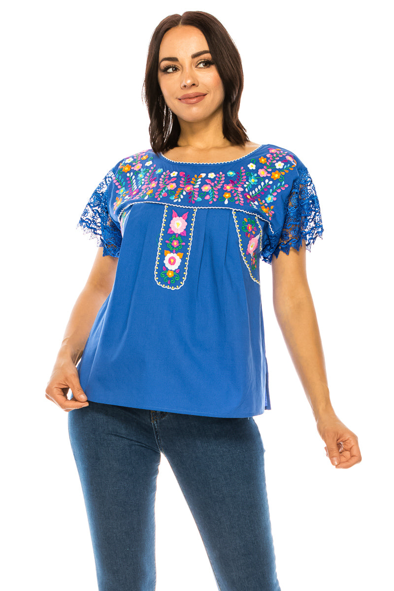 Traditional Royal Blue Mexican Women Blouse with Lace (S-XL) $8.5 and (2XL-3XL) $9.50 Per Piece. MT802
