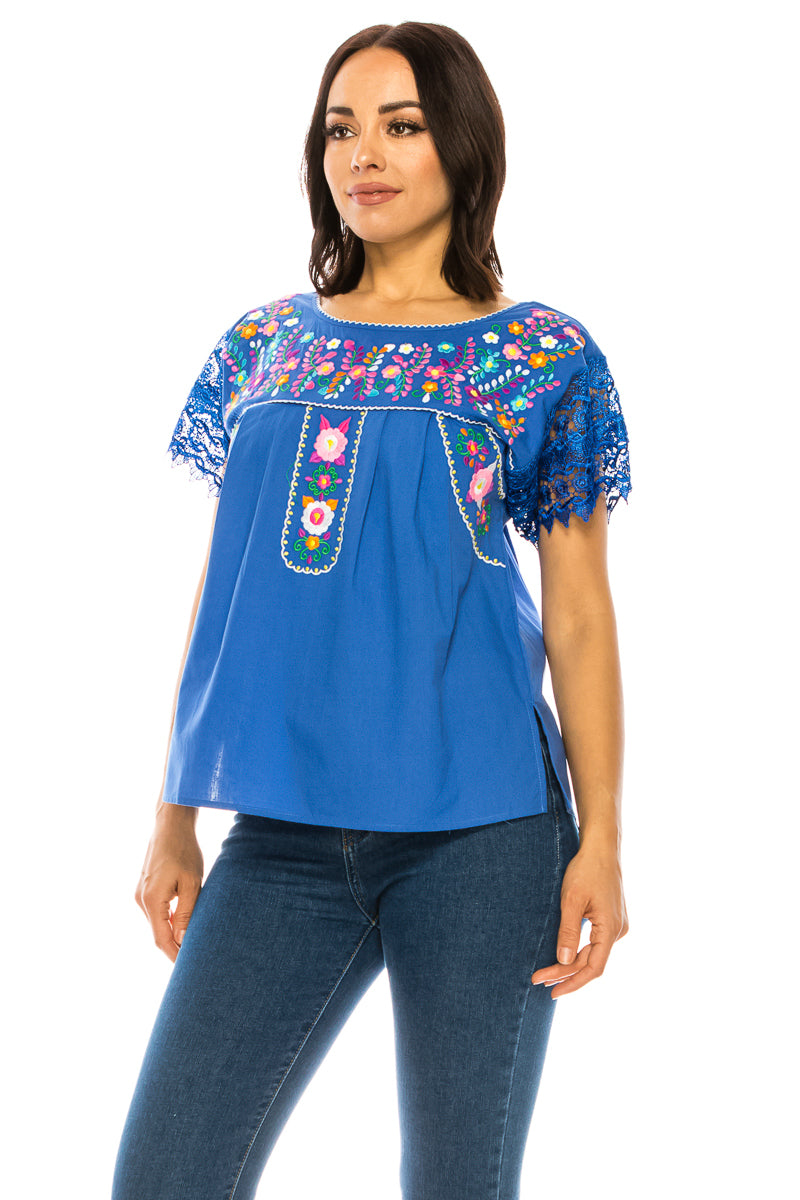 Traditional Royal Blue Mexican Women Blouse with Lace (S-XL) $8.5 and (2XL-3XL) $9.50 Per Piece. MT802