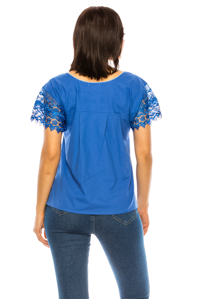 Traditional Royal Blue Mexican Women Blouse with Lace (S-XL) $8.5 and (2XL-3XL) $9.50 Per Piece. MT802