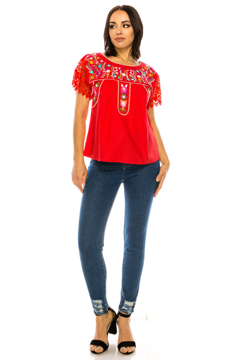Traditional Red Mexican Women Blouse with Lace (S-XL) $8.5 and (2XL-3XL) $9.50 Per Piece. MT802