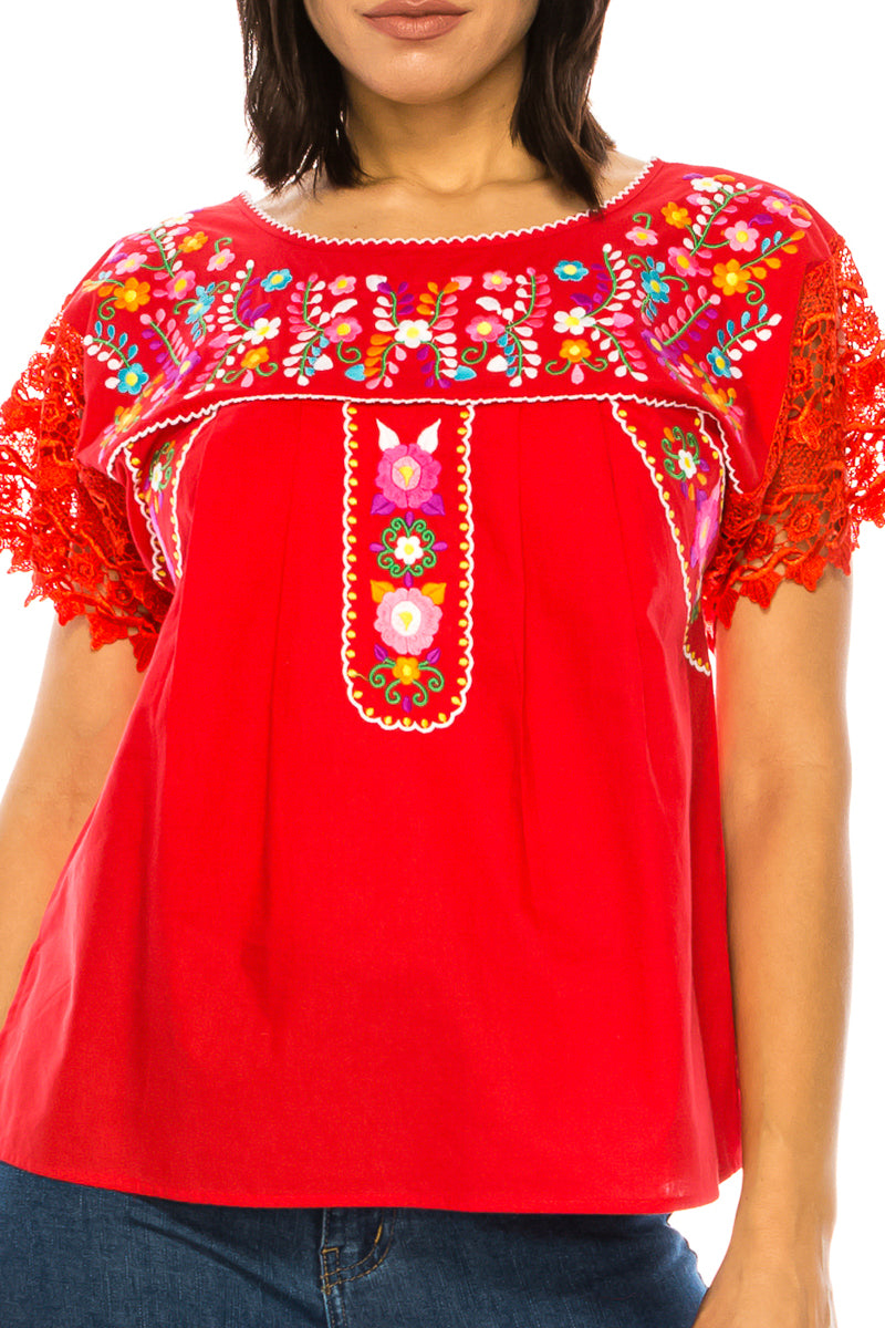 Traditional Red Mexican Women Blouse with Lace (S-XL) $8.5 and (2XL-3XL) $9.50 Per Piece. MT802
