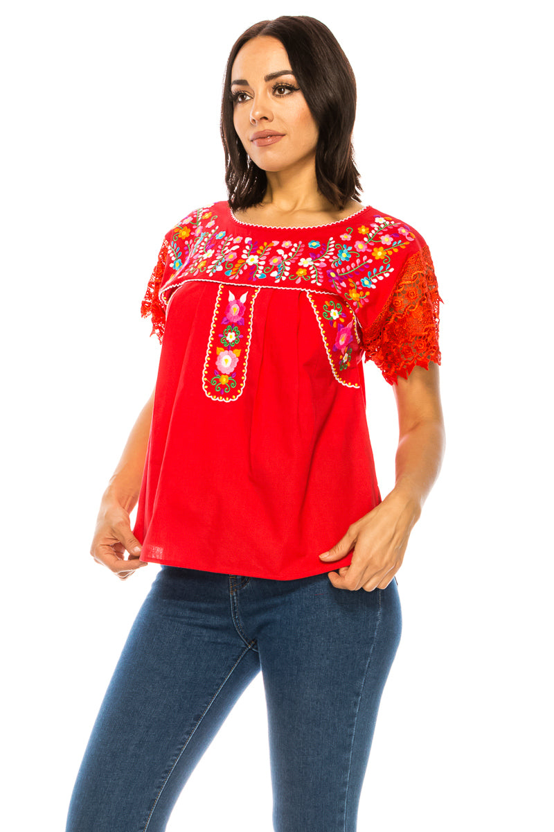 Traditional Red Mexican Women Blouse with Lace (S-XL) $8.5 and (2XL-3XL) $9.50 Per Piece. MT802
