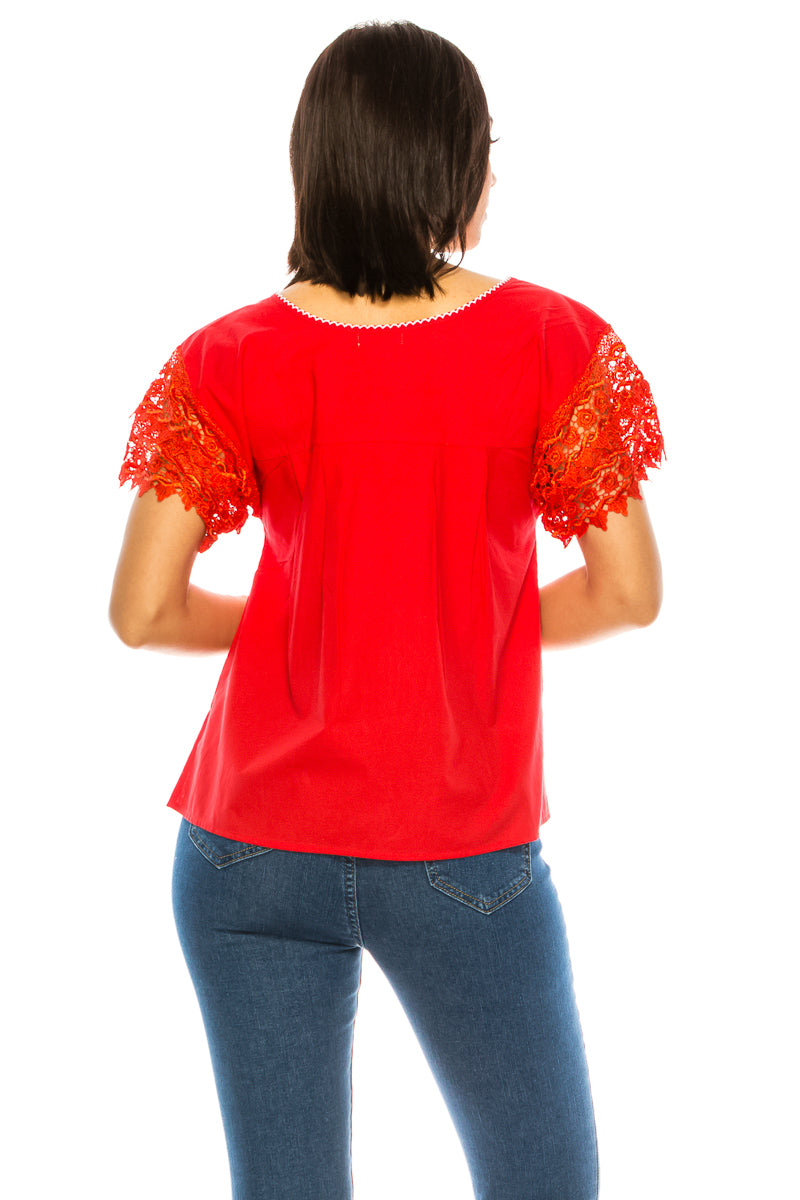 Traditional Red Mexican Women Blouse with Lace (S-XL) $8.5 and (2XL-3XL) $9.50 Per Piece. MT802