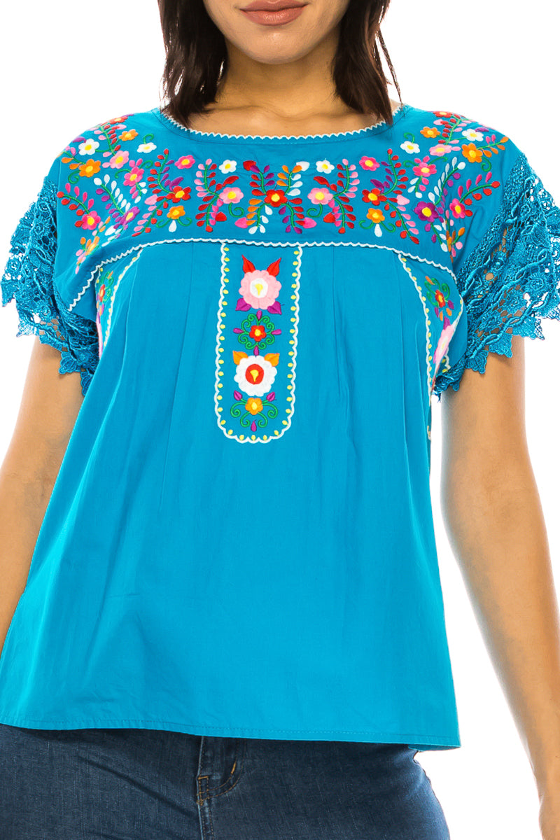 Traditional Turquoise Mexican Women Blouse with Lace (S-XL) $8.5 and (2XL-3XL) $9.50 Per Piece. MT802