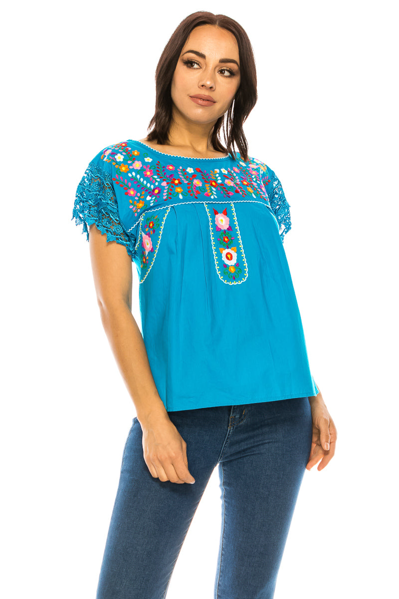 Traditional Turquoise Mexican Women Blouse with Lace (S-XL) $8.5 and (2XL-3XL) $9.50 Per Piece. MT802