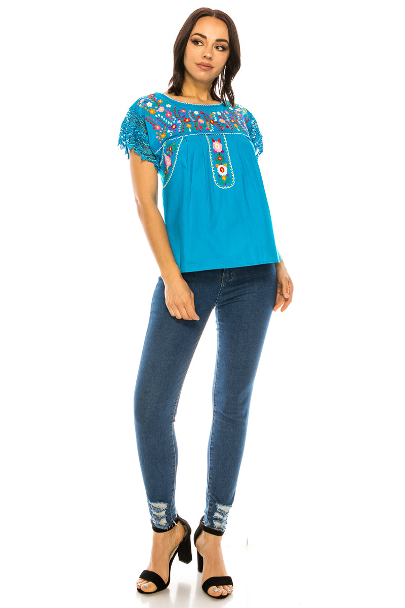 Traditional Turquoise Mexican Women Blouse with Lace (S-XL) $8.5 and (2XL-3XL) $9.50 Per Piece. MT802