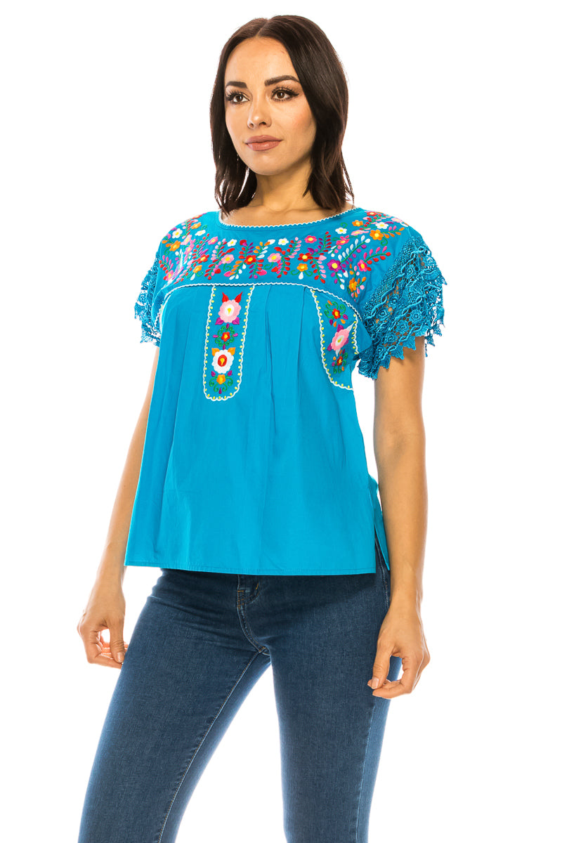 Traditional Turquoise Mexican Women Blouse with Lace (S-XL) $8.5 and (2XL-3XL) $9.50 Per Piece. MT802