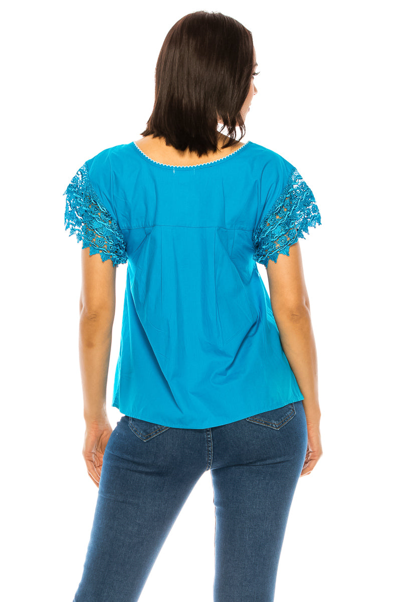 Traditional Turquoise Mexican Women Blouse with Lace (S-XL) $8.5 and (2XL-3XL) $9.50 Per Piece. MT802