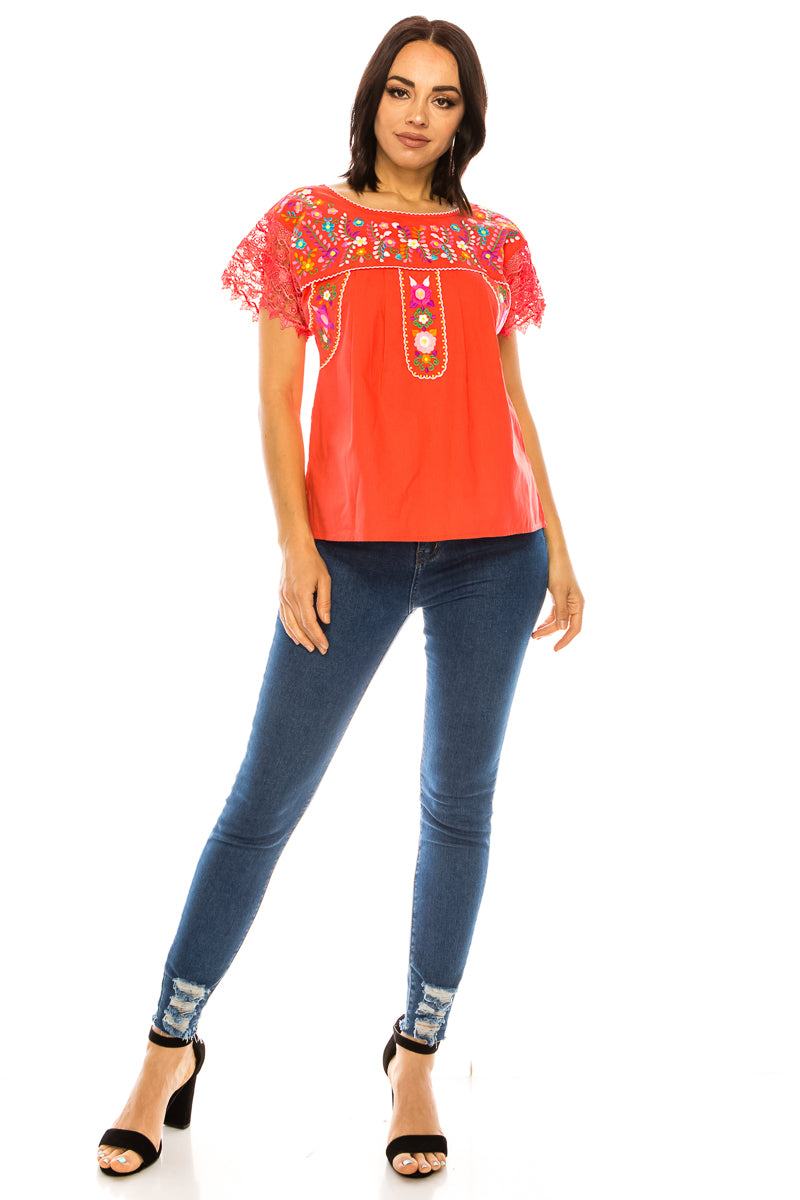 Traditional Coral Mexican Women Blouse with Lace (S-XL) $8.5 and (2XL-3XL) $9.50 Per Piece. MT802