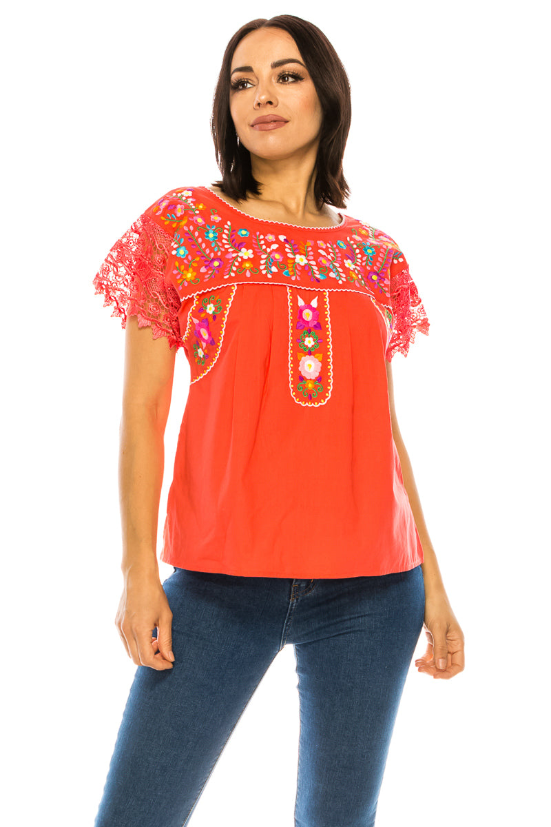 Traditional Coral Mexican Women Blouse with Lace (S-XL) $8.5 and (2XL-3XL) $9.50 Per Piece. MT802