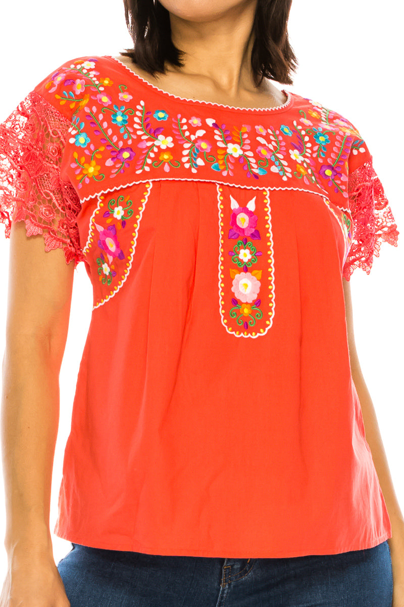 Traditional Coral Mexican Women Blouse with Lace (S-XL) $8.5 and (2XL-3XL) $9.50 Per Piece. MT802