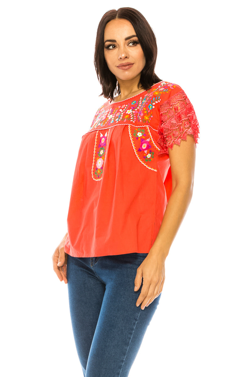 Traditional Coral Mexican Women Blouse with Lace (S-XL) $8.5 and (2XL-3XL) $9.50 Per Piece. MT802