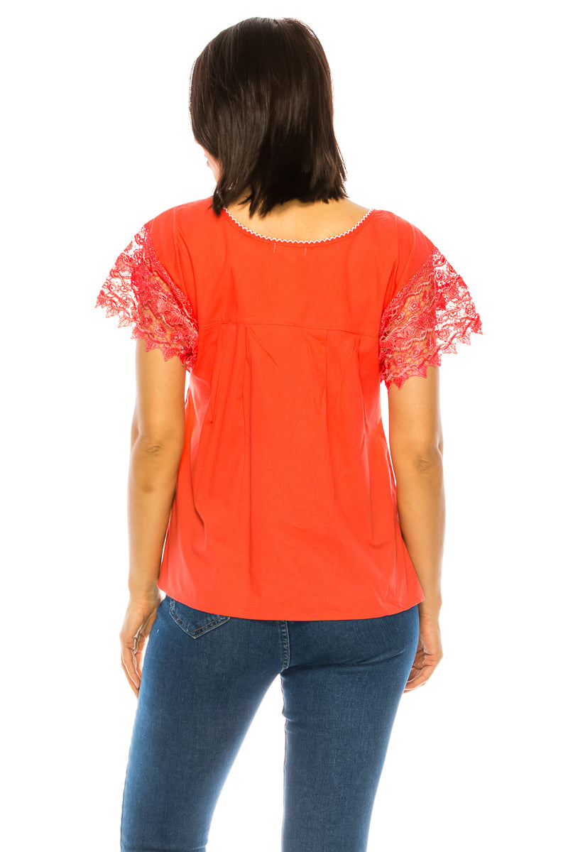 Traditional Coral Mexican Women Blouse with Lace (S-XL) $8.5 and (2XL-3XL) $9.50 Per Piece. MT802