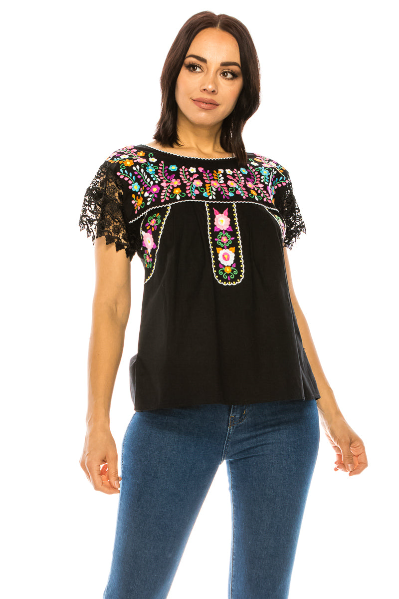 Traditional Black Mexican Women Blouse with Lace (S-XL) $8.5 and (2XL-3XL) $9.50 Per Piece. MT802