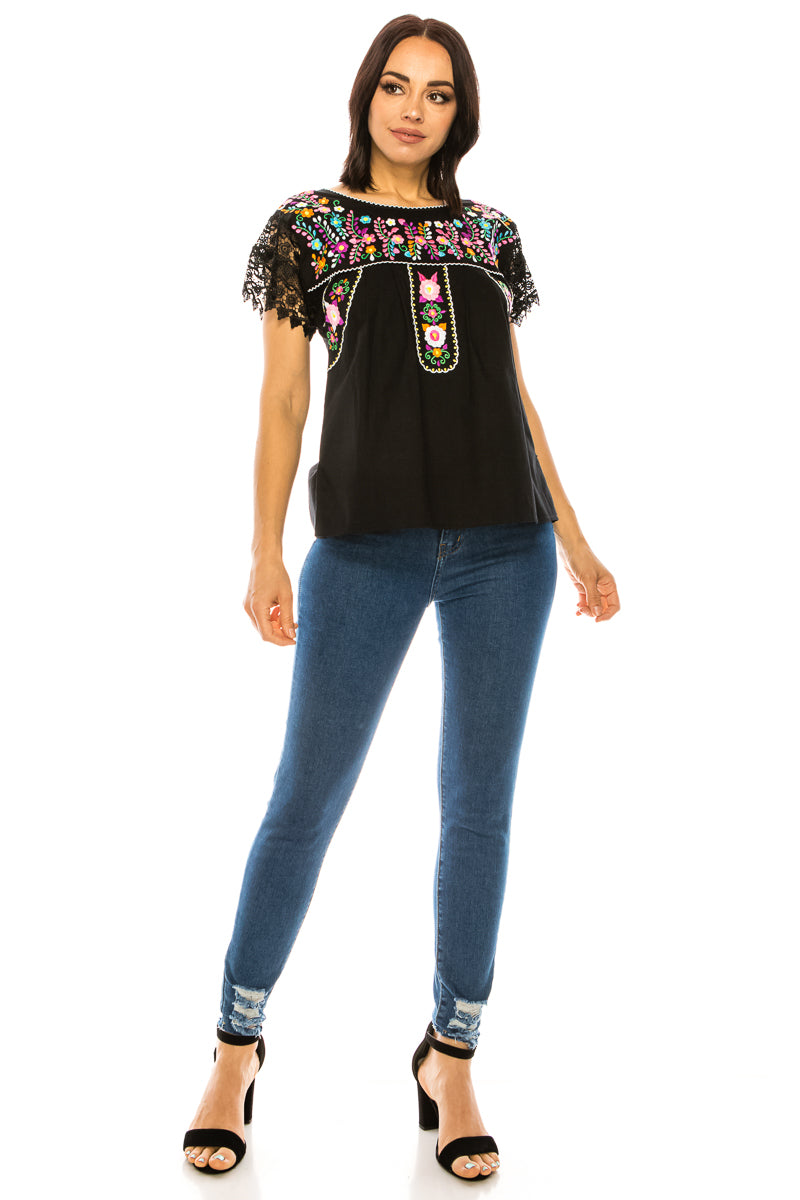 Traditional Black Mexican Women Blouse with Lace (S-XL) $8.5 and (2XL-3XL) $9.50 Per Piece. MT802