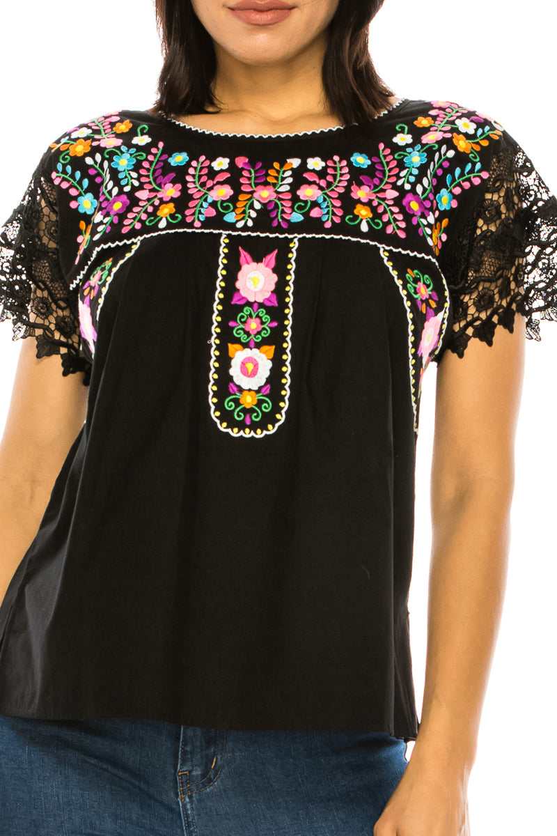 Traditional Black Mexican Women Blouse with Lace (S-XL) $8.5 and (2XL-3XL) $9.50 Per Piece. MT802