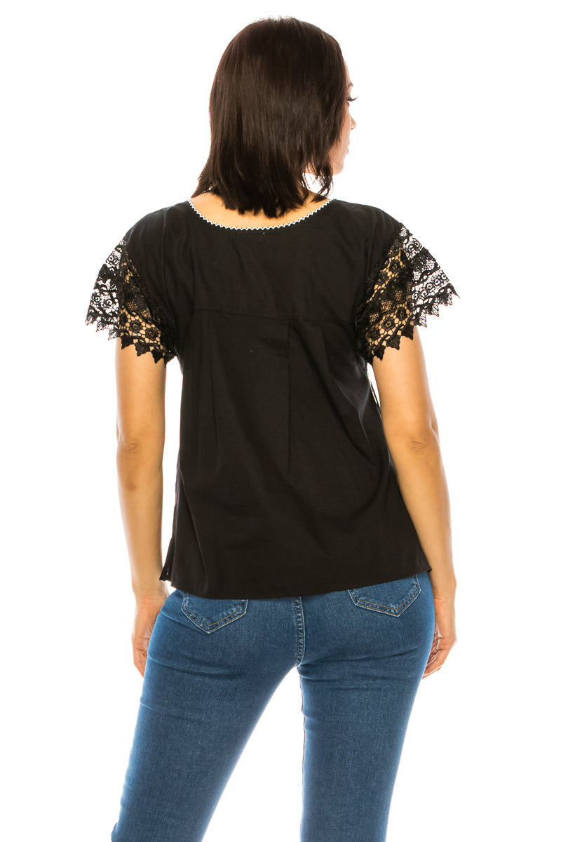Traditional Black Mexican Women Blouse with Lace (S-XL) $8.5 and (2XL-3XL) $9.50 Per Piece. MT802