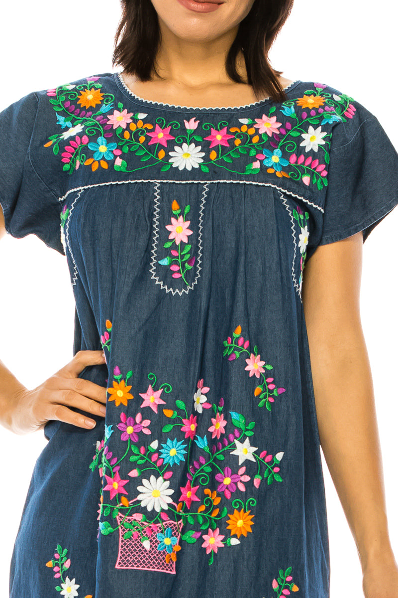 Traditional Chambray Denim Mexican Women Embroidered Dress (S-3XL) $15 Per Piece. WD2058