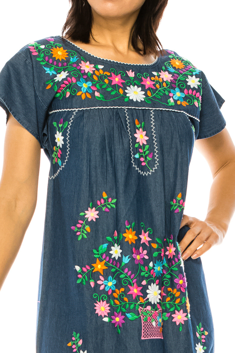 Traditional Chambray Denim Mexican Women Embroidered Dress (S-3XL) $15 Per Piece. WD2058