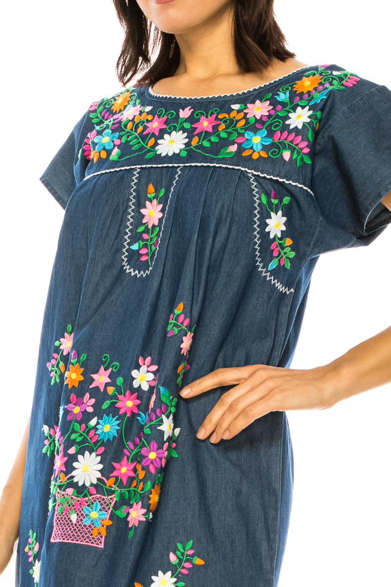 Traditional Chambray Denim Mexican Women Embroidered Dress (S-3XL) $15 Per Piece. WD2058