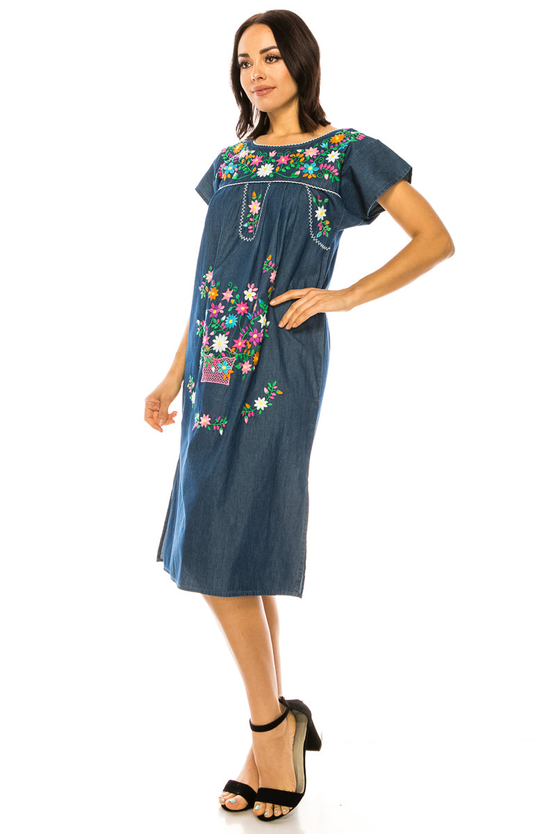 Traditional Chambray Denim Mexican Women Embroidered Dress (S-3XL) $15 Per Piece. WD2058