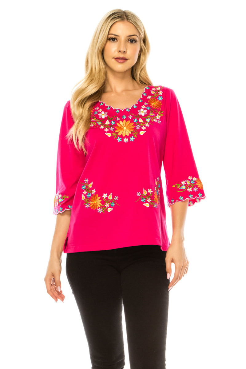 Fuchsia Embroidered Cotton Blend Bohemian Blouses 3/4 Sleeves for Fiestas and All Occasions  (S-3XL) $8 Per Piece. MT804