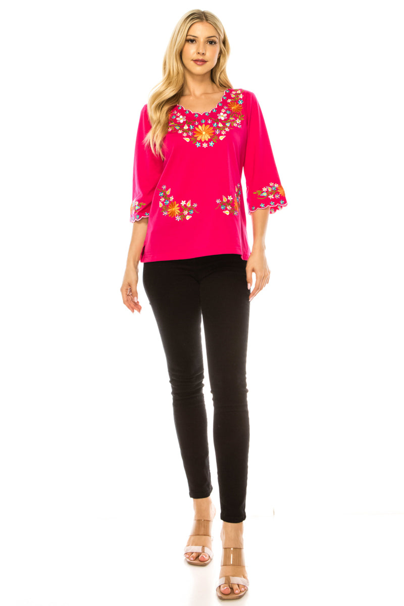 Fuchsia Embroidered Cotton Blend Bohemian Blouses 3/4 Sleeves for Fiestas and All Occasions  (S-3XL) $8 Per Piece. MT804