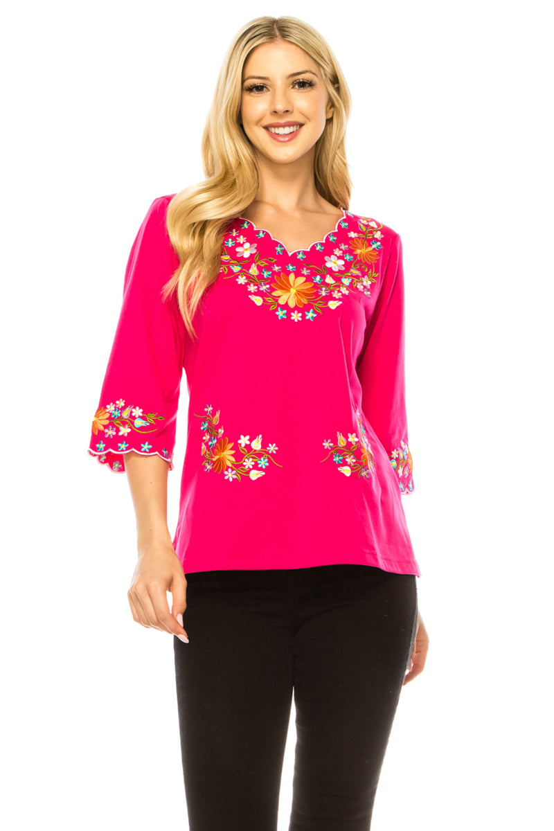 Fuchsia Embroidered Cotton Blend Bohemian Blouses 3/4 Sleeves for Fiestas and All Occasions  (S-3XL) $8 Per Piece. MT804